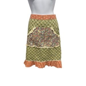 Patchwork Plaid‎ Floral Apron Skirt Cottagecore Boho Ruffle Hem Orange Polka Dot
